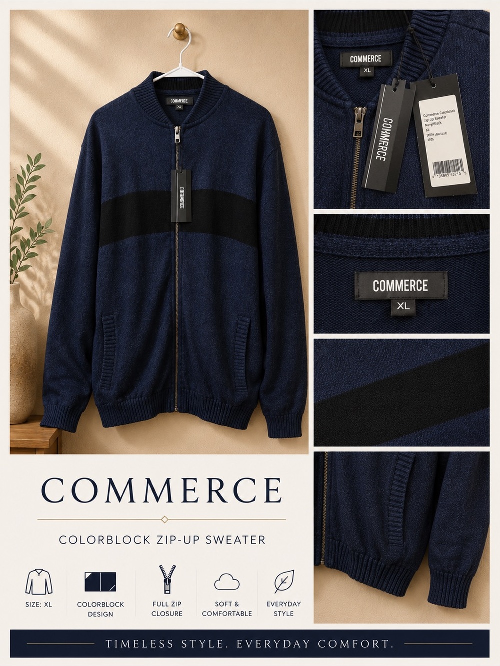 XL Men's Navy Zip-Up Sweater with Black Colorblock